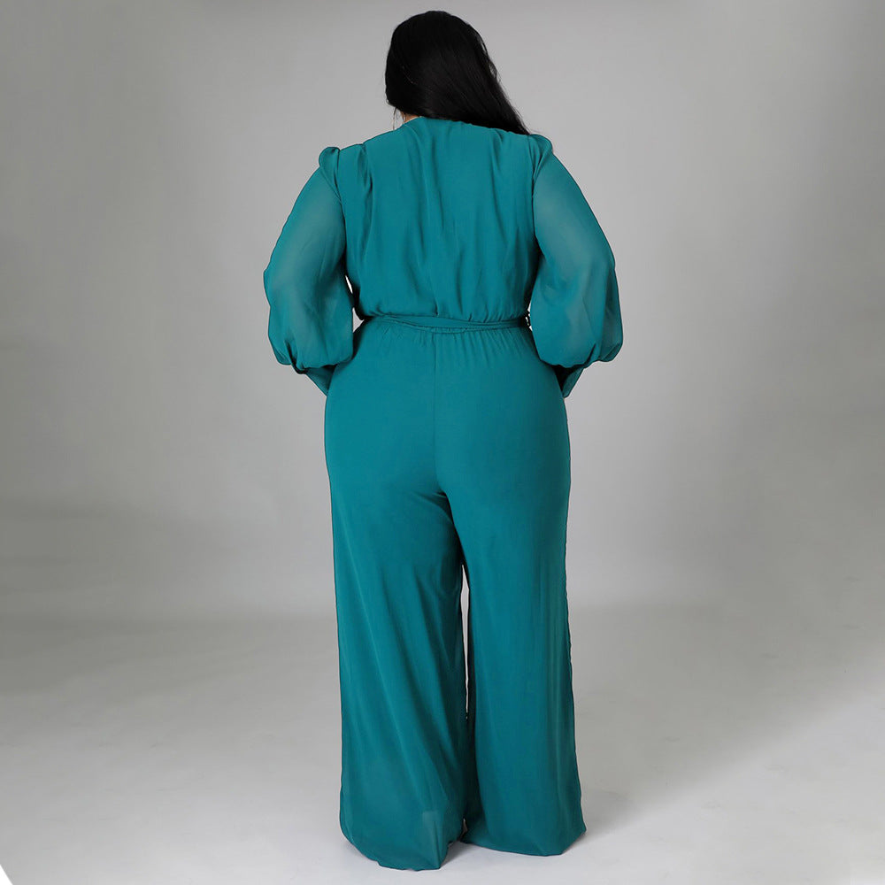 Plus Size Women Loose Straight Solid Color Belt Jumpsuit
