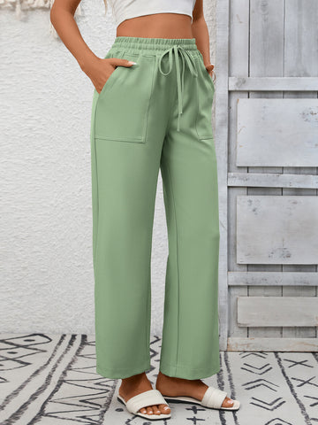 Summer Women Casual Drawstring Elegant Trousers Wide Leg Pants with Pockets