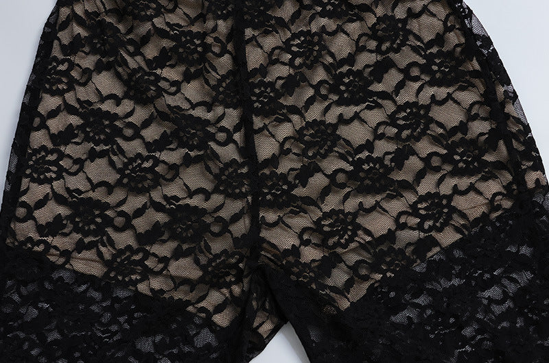 Women Clothing Sexy Lace Stitching Hollow Out Cutout out See through Girls One Piece Jumpsuit Horn Length