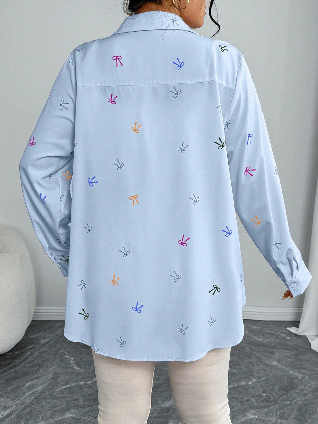 Plus Size Arrival Women Shacket Bow Print Long Sleeve Casual Shirt Autumn Loose