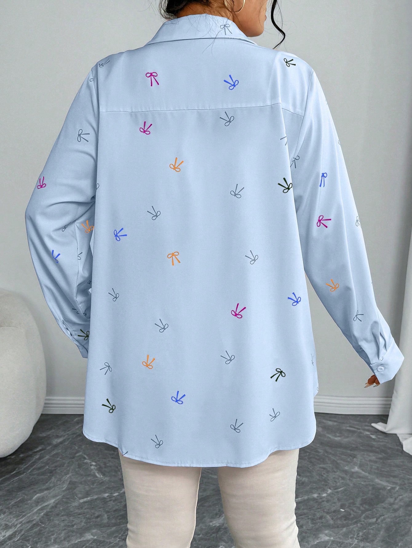 Plus Size Arrival Women Shacket Bow Print Long Sleeve Casual Shirt Autumn Loose