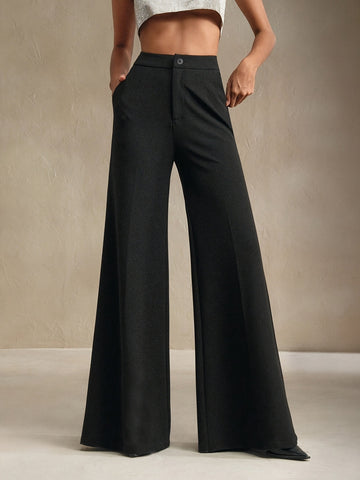 Neat Office Wide Leg High Grade Light Luxury Women Pants Straight High Waist Black Casual Draping Polyester Work Pant