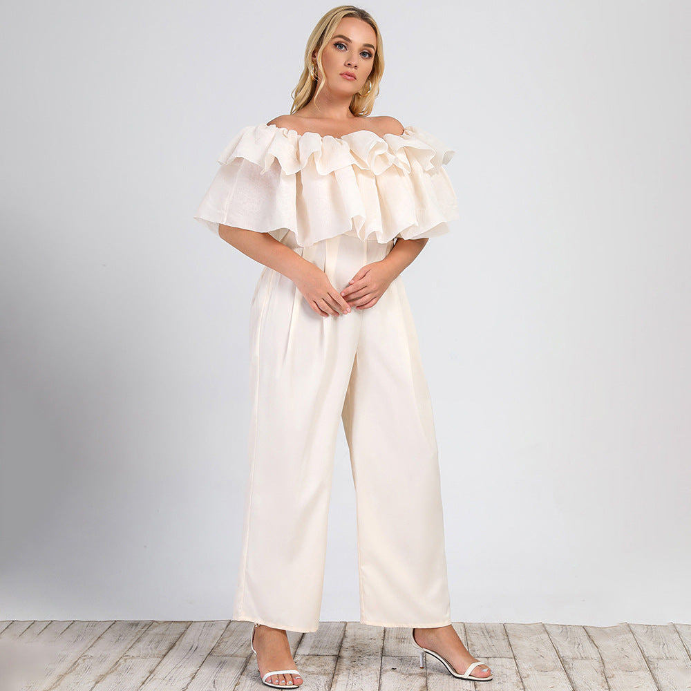 Plus Size Women Clothing Summer New Lotus Edge off-Shoulder Solid Straight-Leg Office Casual Jumpsuit