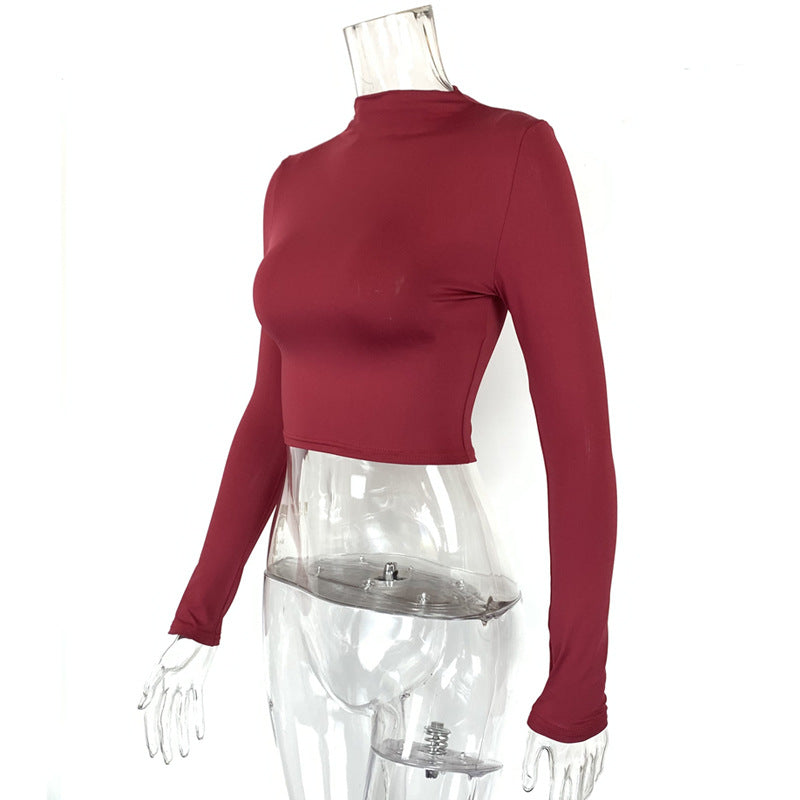 Women Solid cropped tight Long Half Turtleneck
