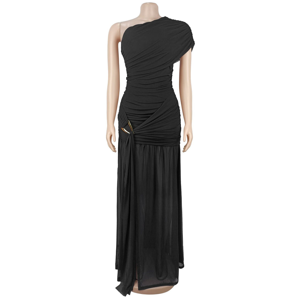 Mount Olive Sexy Formal One Shoulder Long Split Hem Solid Party Maxi Dress