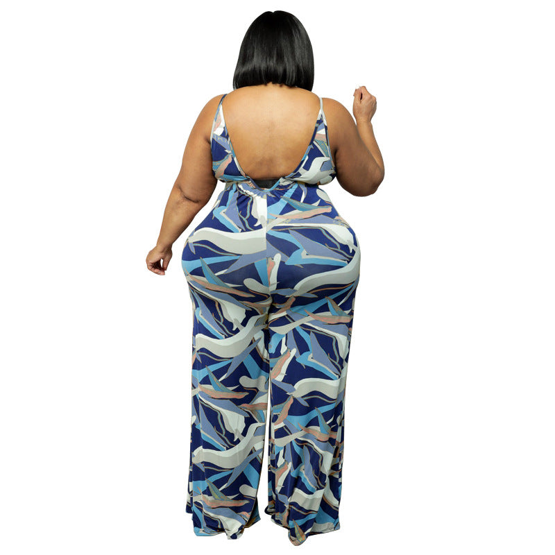 Plus Size New Arrival Jumpsuit Women Clothing Printed Sling Straight Loose Casual