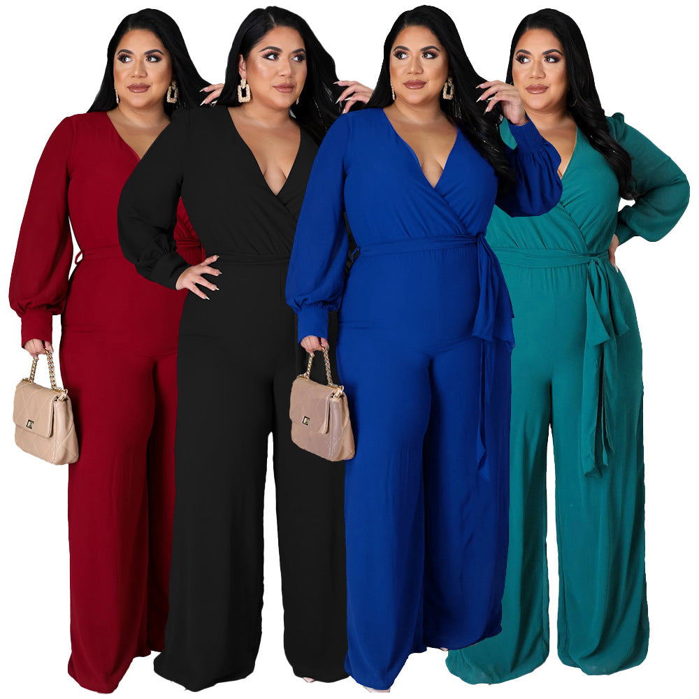 Plus Size Women Loose Straight Solid Color Belt Jumpsuit