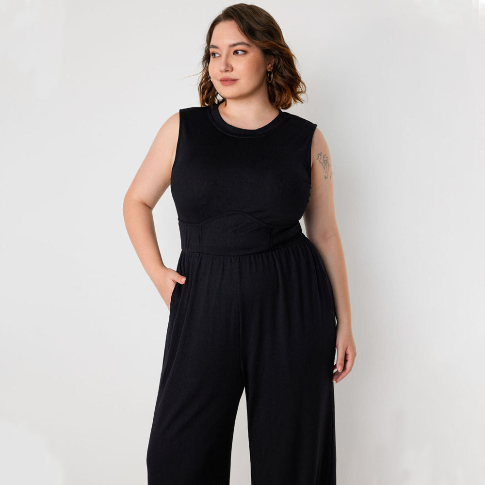 Plus Size Women Clothing Slimming Sleeveless Waist Trimming Casual Solid Color All Matching Jumpsuit