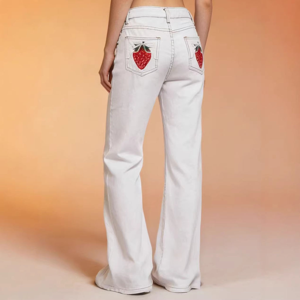 White Bow Strawberry Cute Patch Straight Low Waist Loose Fitting Women Jeans