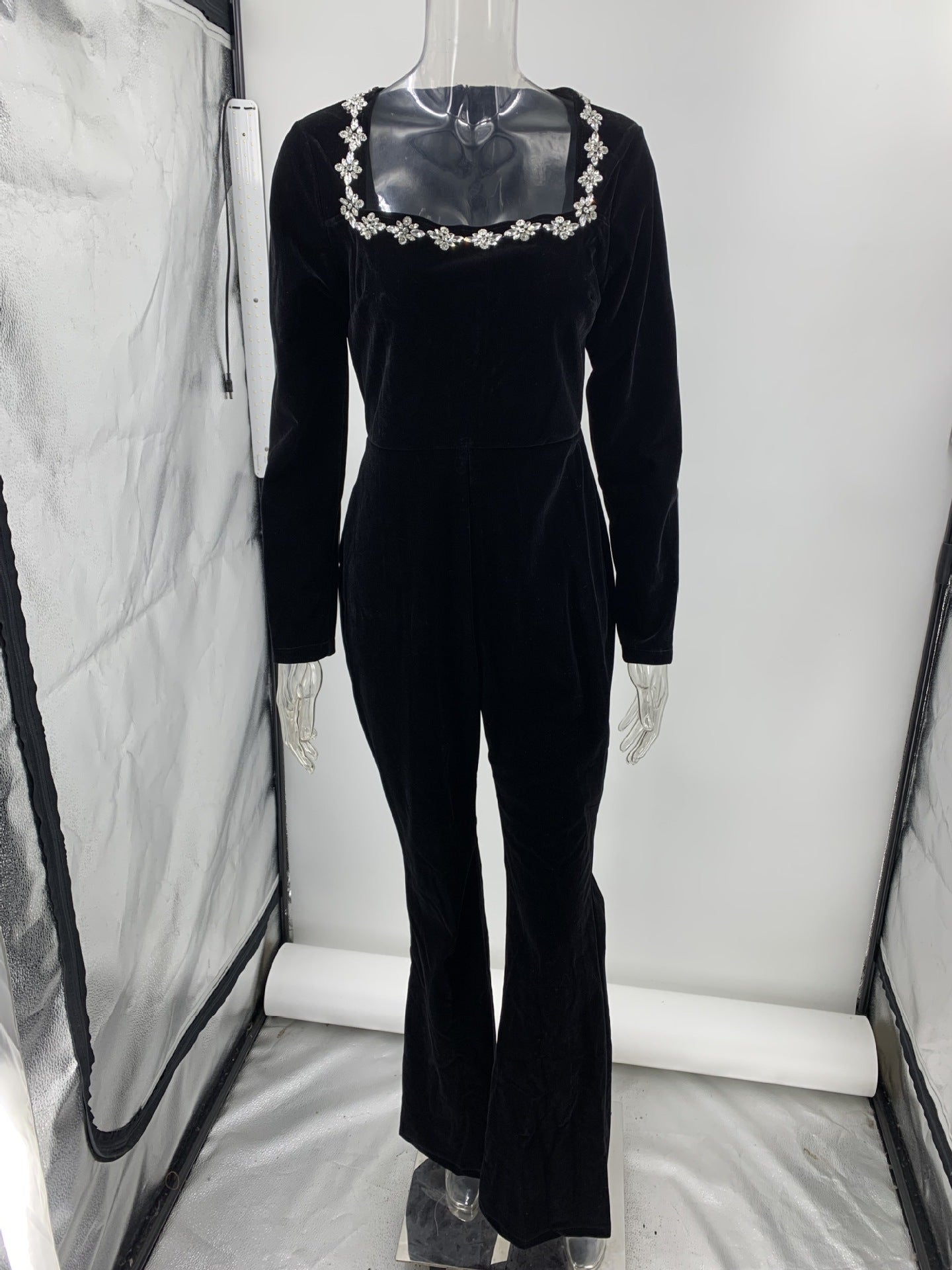 Diamond Velvet Square Collar Long Sleeve High Waist Slim Flared Jumpsuit