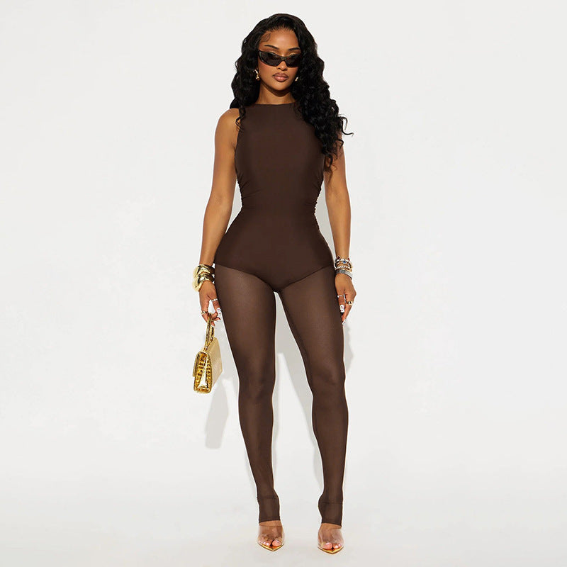 Women Clothing Spring Solid Color Sexy Pleated Sleeveless Stitching Mesh Slim Fit Long Conjoined Trousers