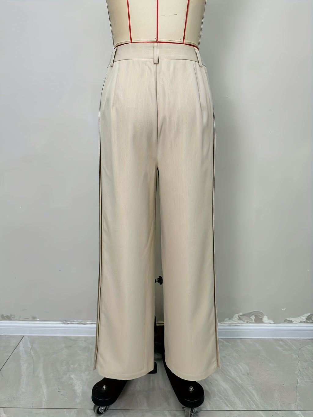 Office Solid Color Pleated Stitching Design Wide Leg Pants Casual Detail Pocket Trousers Women