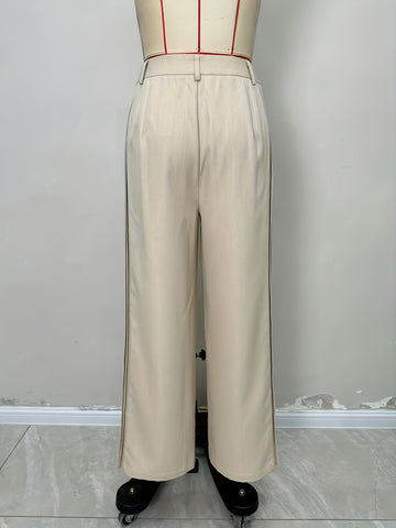 Office Solid Color Pleated Stitching Design Wide Leg Pants Casual Detail Pocket Trousers Women