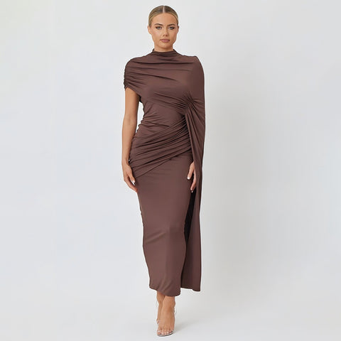 El Rosar Round Neck Shoulder Wrap Solid Color Slim Sexy Dress