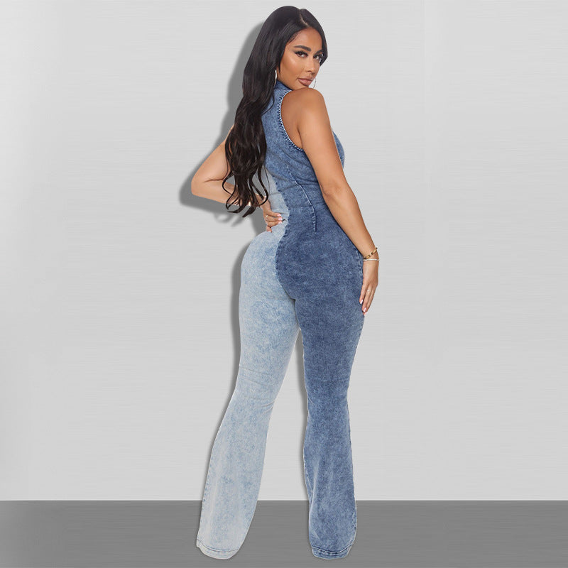Plus Size Women Clothing Autumn New Color Matching Wash Sexy Denim Jumpsuit