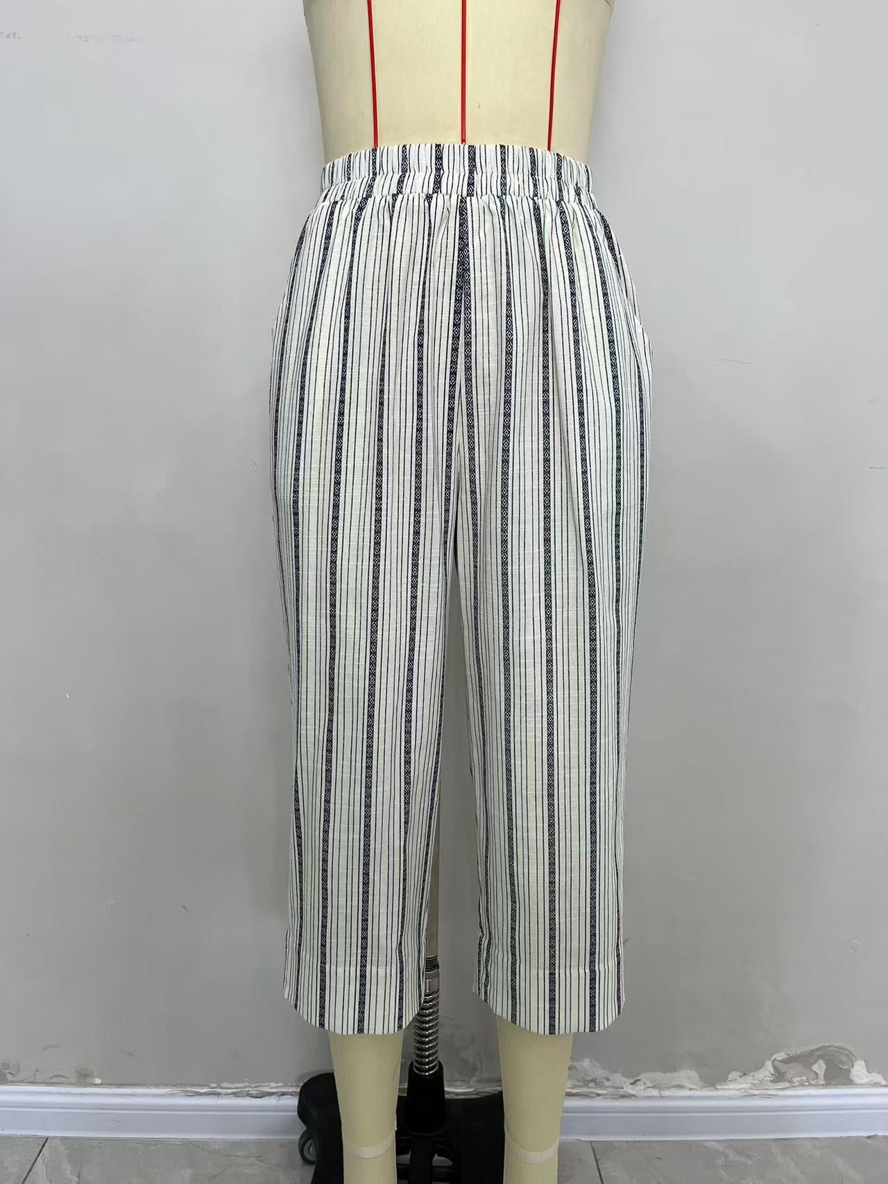 Women Spring Summer Casual Woven Printed Striped Pocket Straight Cropped Pants