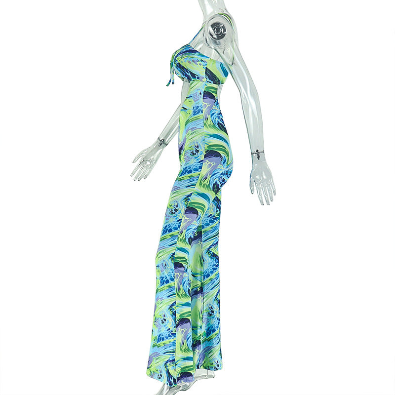 Special Women Clothing Printed Asymmetric Sexy Bandeau Jumpsuit Lace up Cropped Exposed Jumpsuit