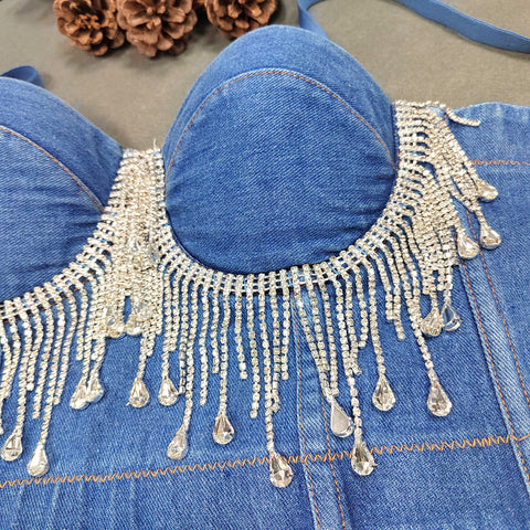 Slim Corset Stitching Rhinestone Tassel Beaded
