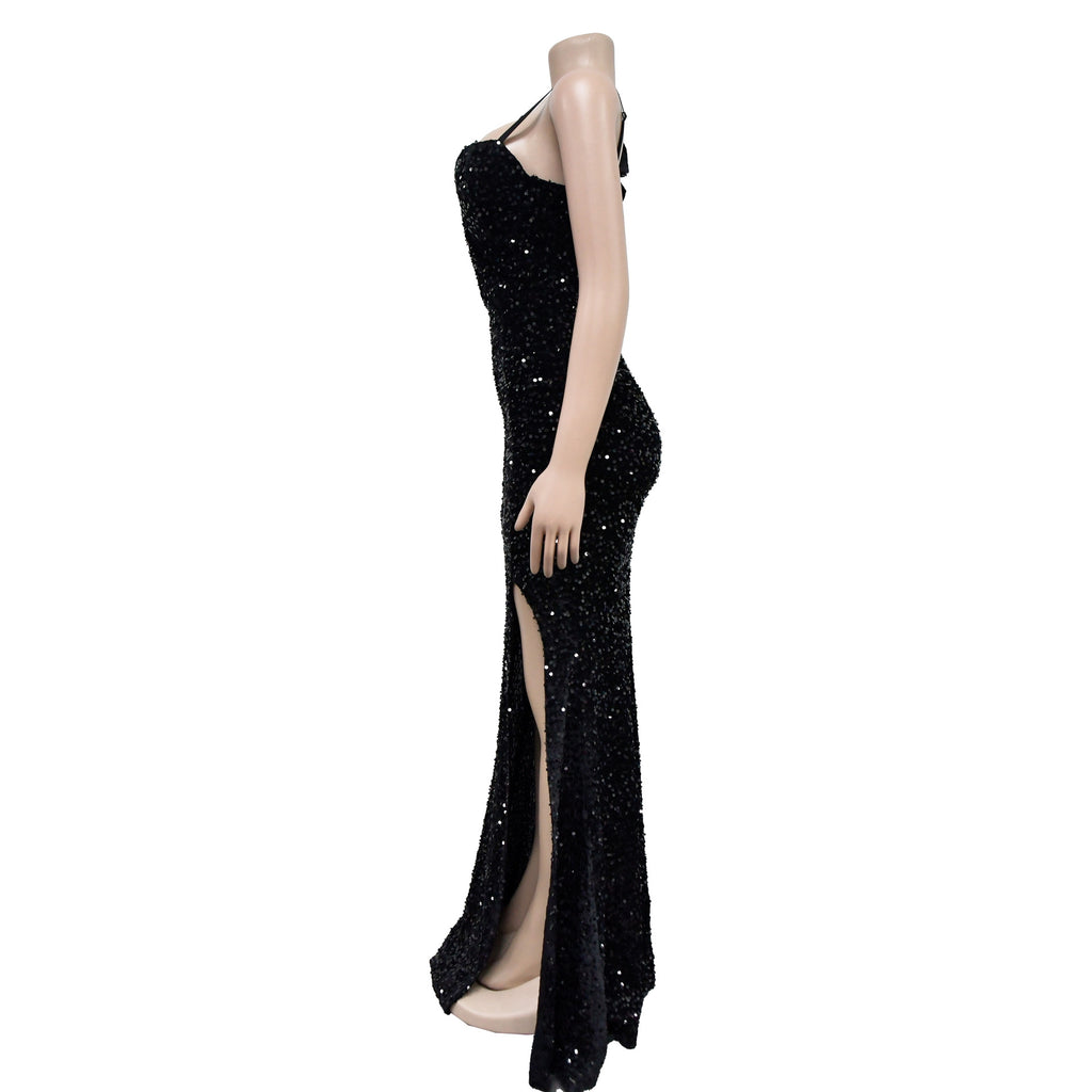 Trenton One Shoulder Open Back Sequined High Side Split Mermaid Maxi Dress