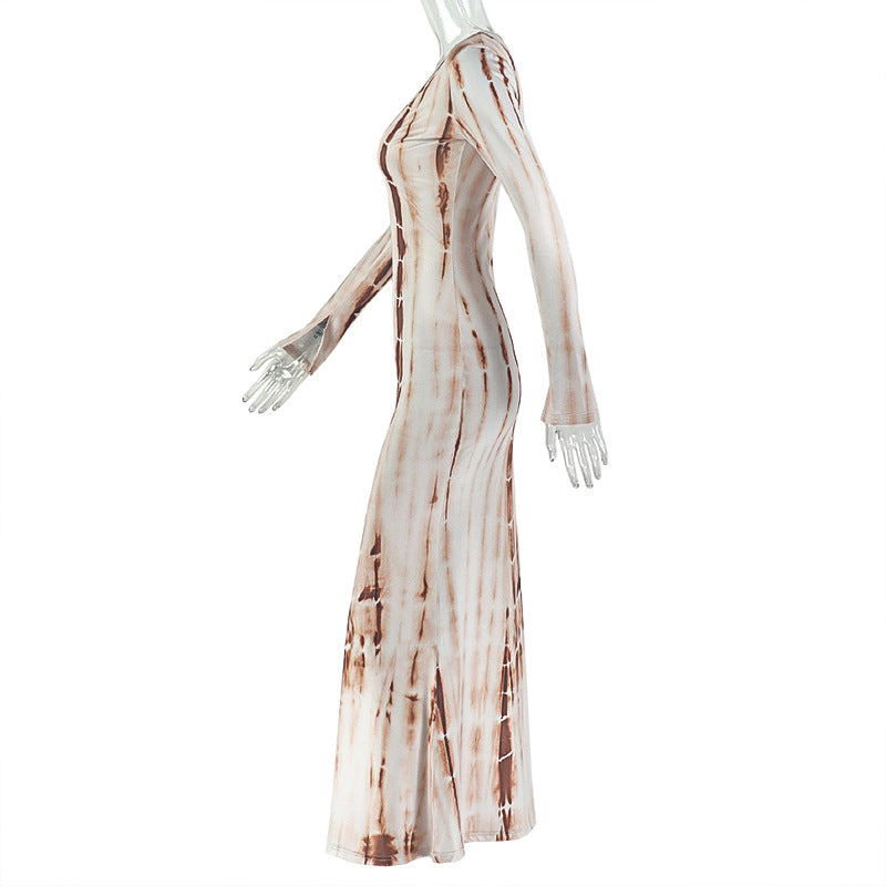 Tie Dye Printed V Neck Long Sleeve Bodycon Maxi Dress