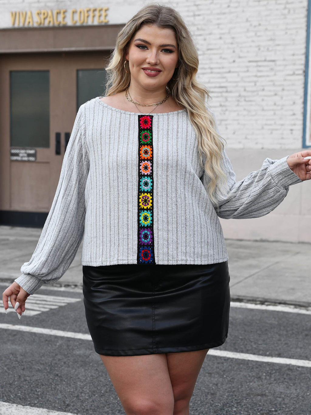 Plus Size Women Clothes round Neck Pullover Top Autumn Random Color Imitation Hand Hook Floral Block Stitching T shirt