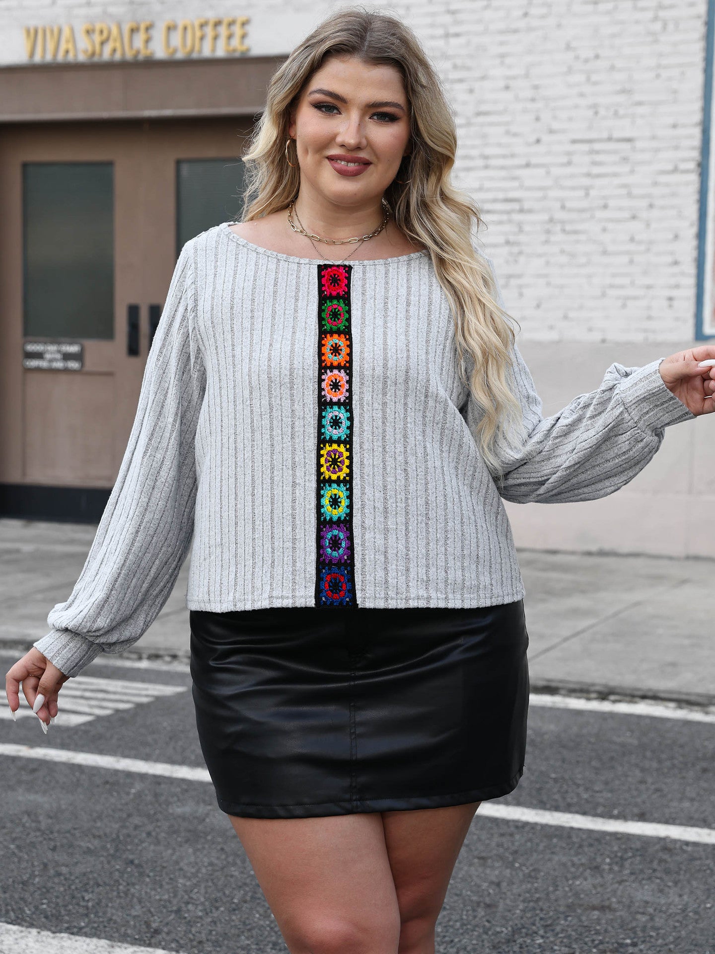 Plus Size Women Clothes round Neck Pullover Top Autumn Random Color Imitation Hand Hook Floral Block Stitching T shirt