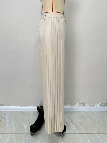 Office Solid Color Pleated Stitching Design Wide Leg Pants Casual Detail Pocket Trousers Women