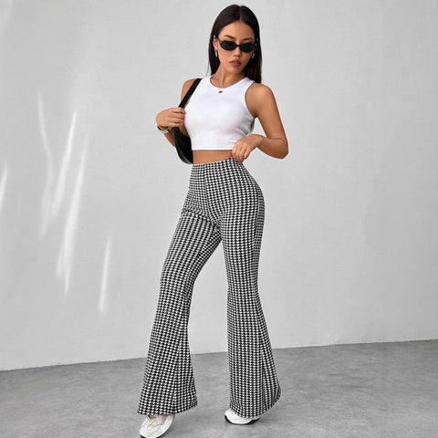 Retro Houndstooth High Waist Slim Mop Casual Bootcut Trousers