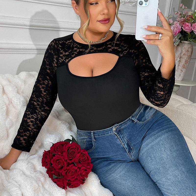 Plus Size Tight Belly Trimming Jumpsuit Lace Stitching Long Sleeve One Piece Corset Plus Size