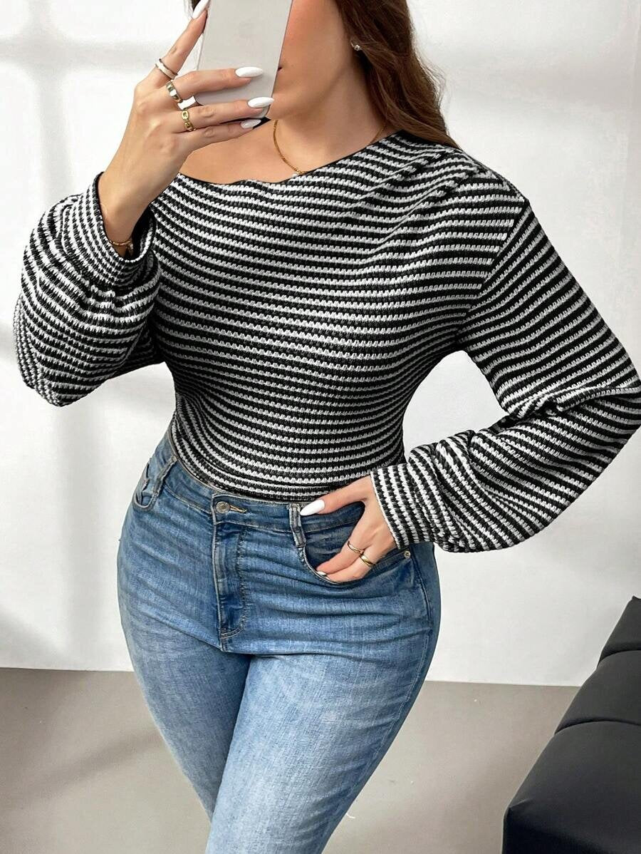Plus Size Striped Color Block Crew Neck Pullover Women Office All Matching Drop Shoulder Long Sleeve T shirt Women