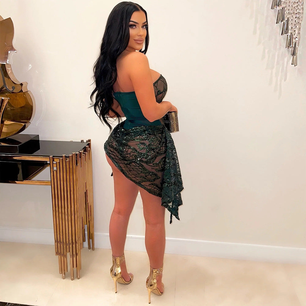 Damajagua Sexy V Neck Tube See Through Sequined Dress