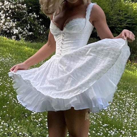 Bani Sexy V neck Lace Strap White with Printed Pattern Dress