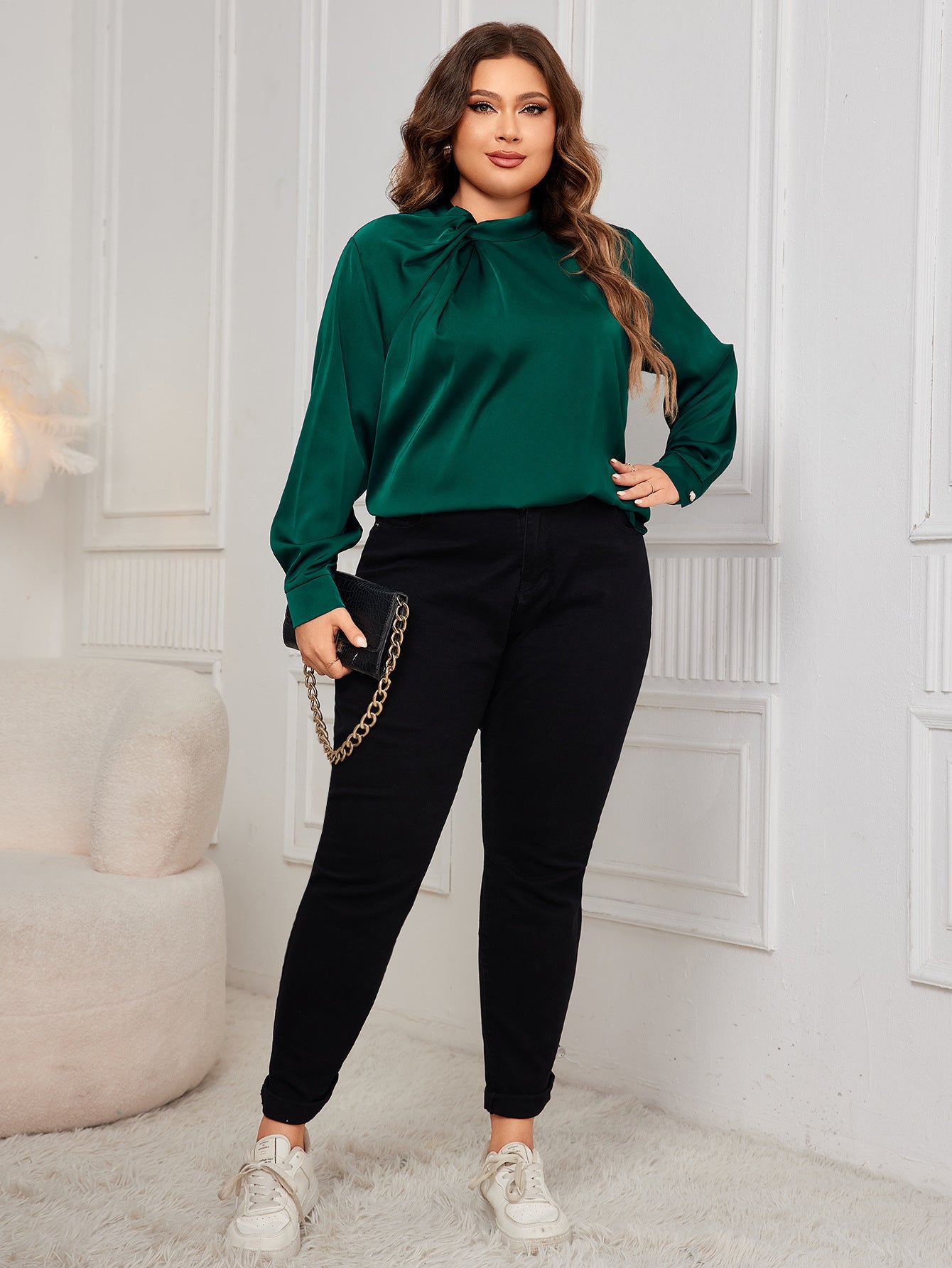 Plus Size Solid Color Shirt Autumn Top Slimming Loose Long Sleeve Shirt Women Clothing