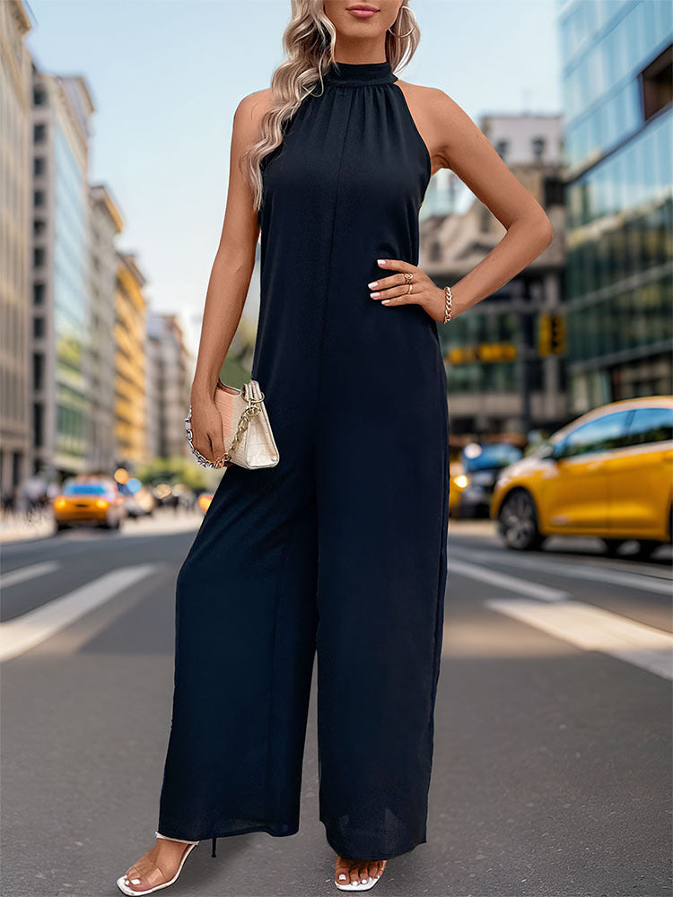 Summer Women Halter Solid Color Straight Jumpsuit