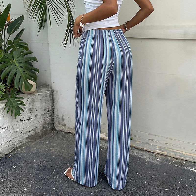 Fresh Vacation Draping Effect Blue White Striped Elastic Waist Wide Leg Pants