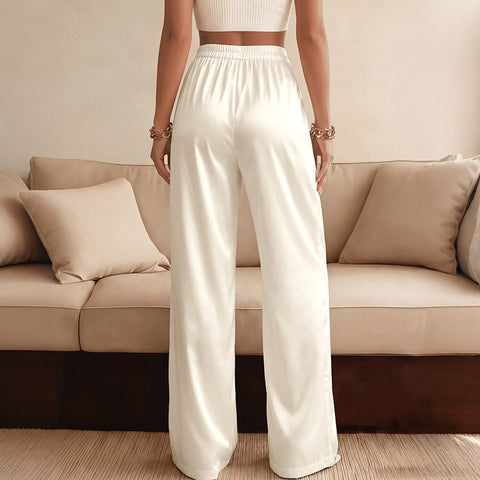 Elegant Affordable Luxury Solid Color Lace Stitching Satin Wide Leg Pants