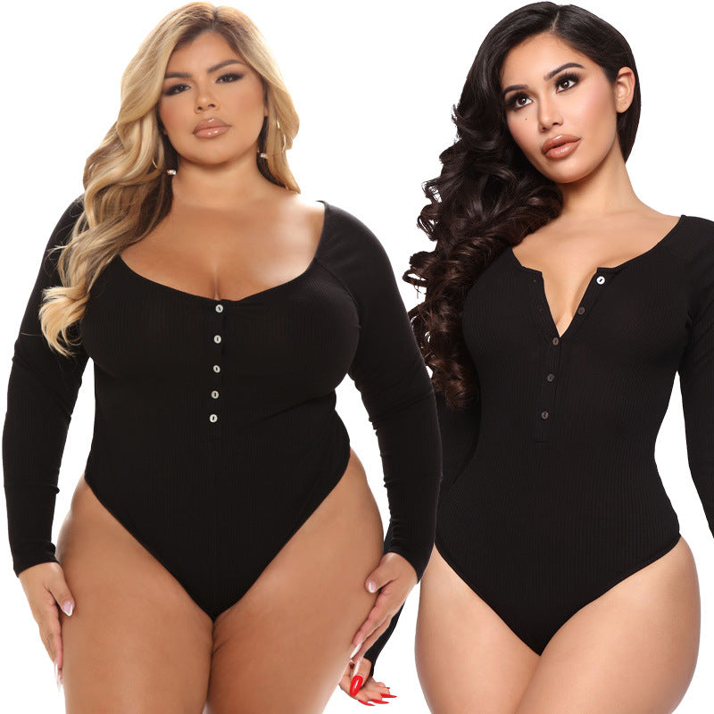 Plus Size Women Clothing Autumn Sping U Collar Breasted Long Sleeve Sexy Jumpsuit
