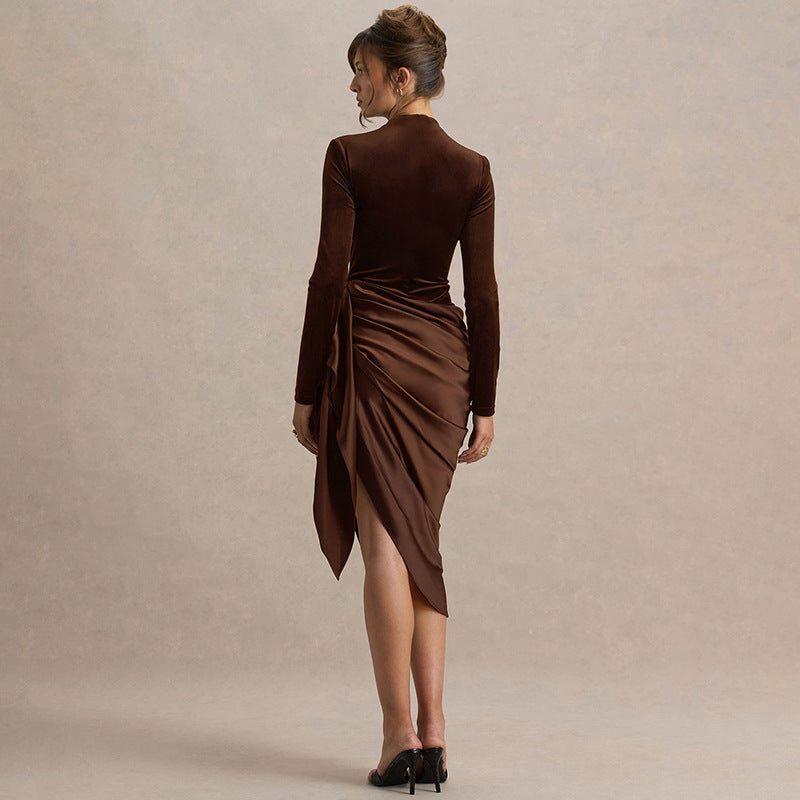 Washington Elegant Solid Color Waist Tight Irregular Asymmetric Mid Length Dress