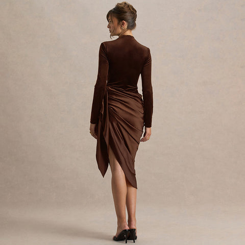 Washington Elegant Solid Color Waist Tight Irregular Asymmetric Mid Length Dress