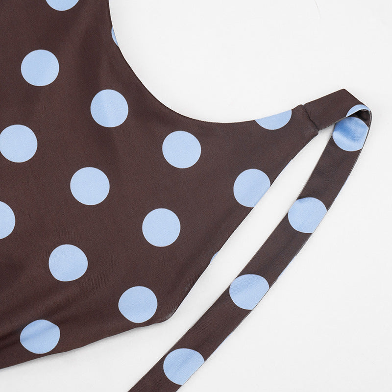 Women Clothing Summer Polka Dot Print Sleeveless Halter Tied Slim Fit Cropped Jumpsuit