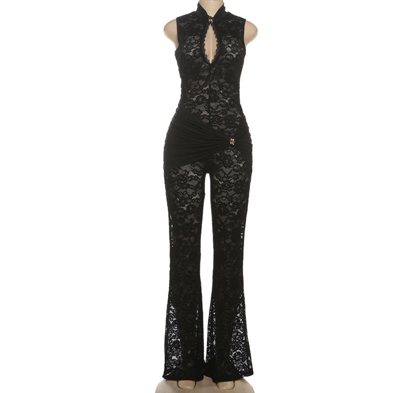 Autumn Winter Women Lace Stitching Sleeveless Sexy High Waist Slim Fit Micro Pull Jumpsuit