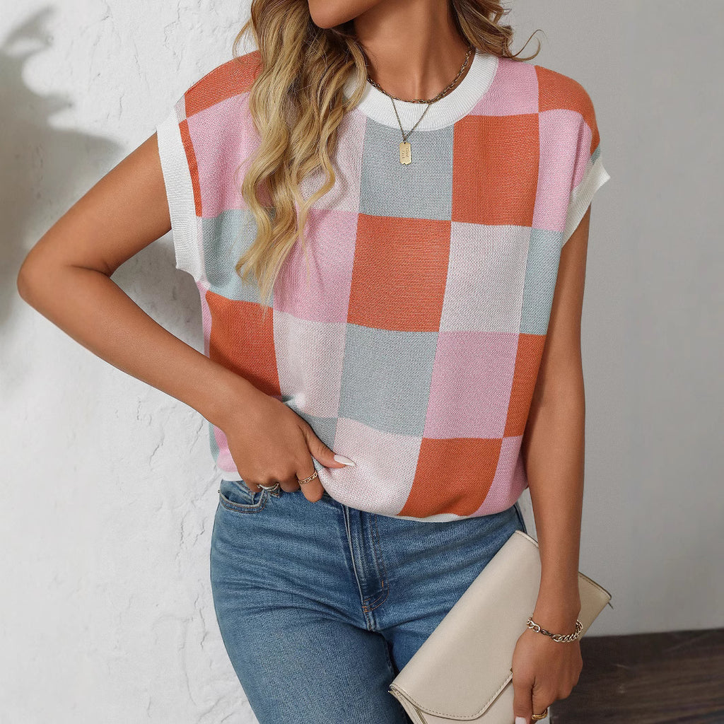 Summer Sleeve Block round Neck Plaid