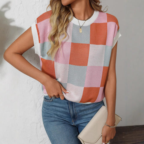 Summer Sleeve Block round Neck Plaid