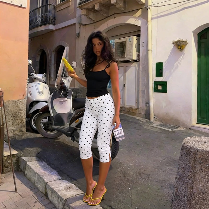 Polka Dot Printed Elegant Sports Casual Tight Cropped Pants