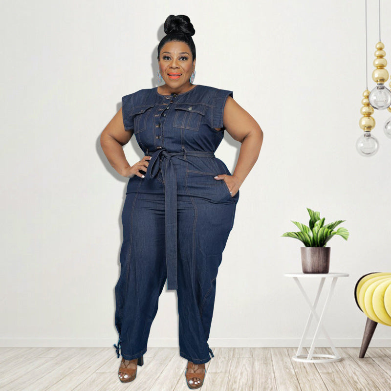 Plus Size Women Clothing Autumn New Denim Sleeve Wash Jumpsuit Trousers Sexy New