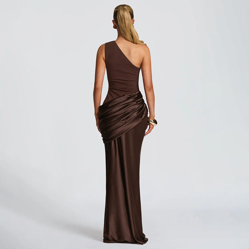 Gazcue Socialite One Shoulder Pleated Stitching Hip Fishtail Dress