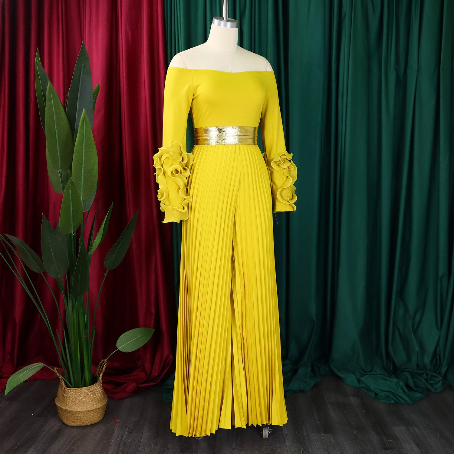 Off Neck Ruffle Sleeve Solid Color Pleated Wide Leg Jumpsuit
