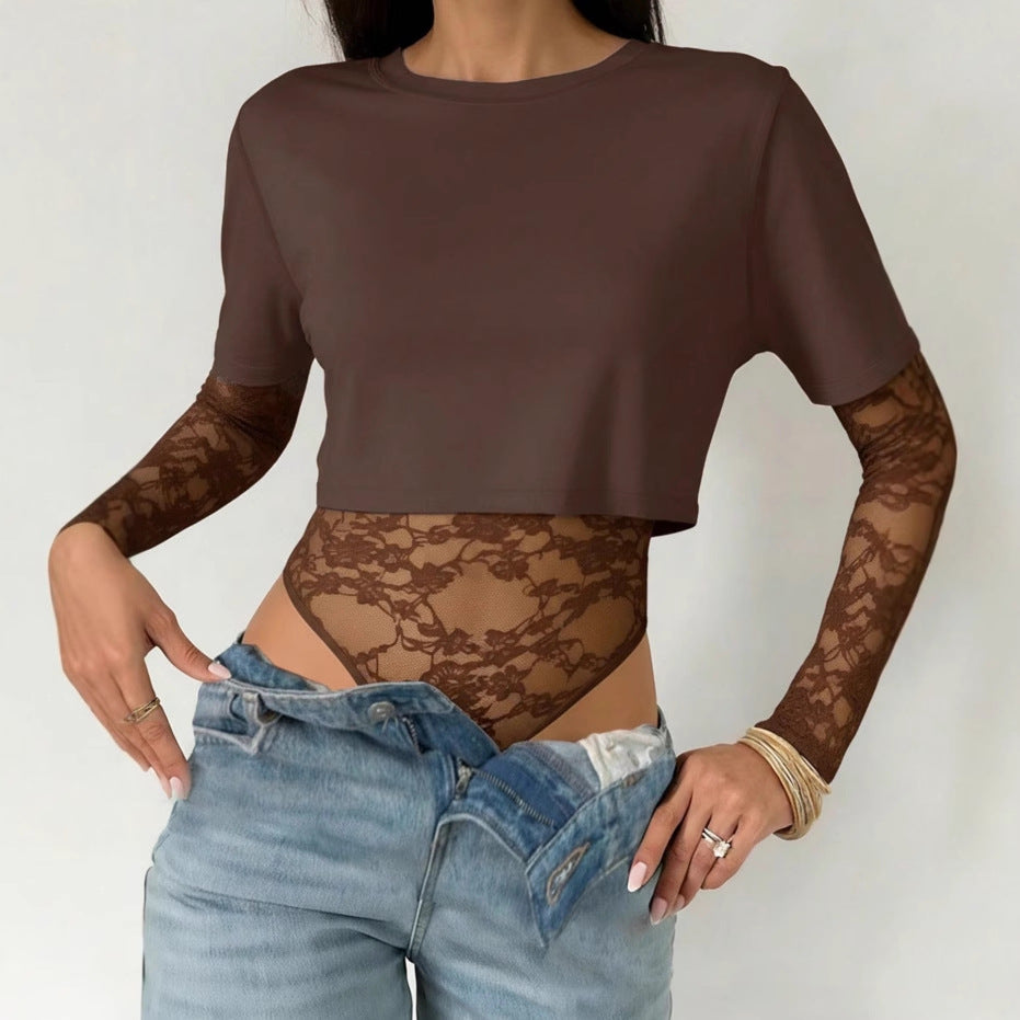 Solid Cropped Outfit Slim Lace  Sleeve