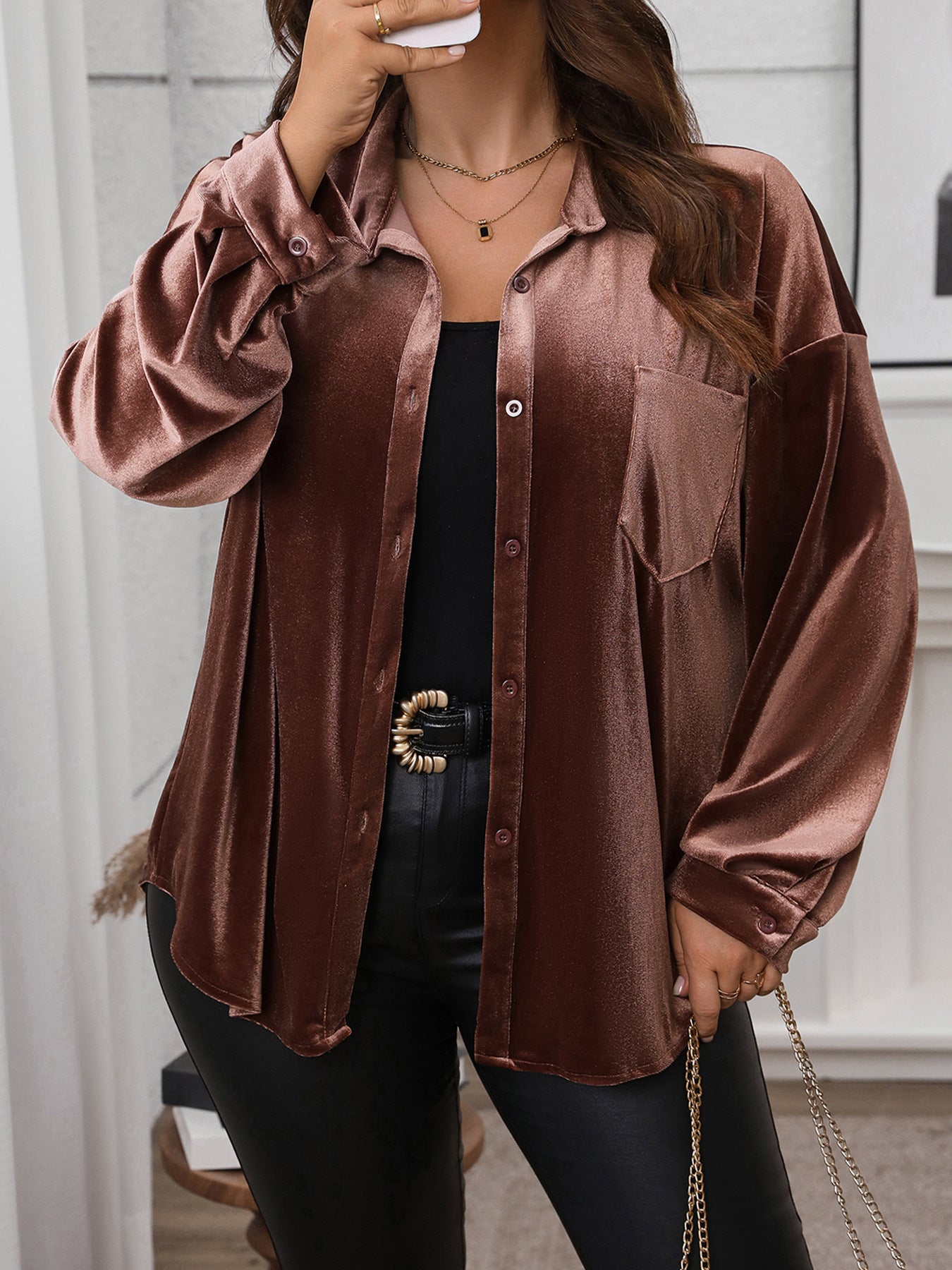 Plus Size Autumn Halloween Retro Women Clothing Velvet Polo Collar Solid Color Shirt for Women
