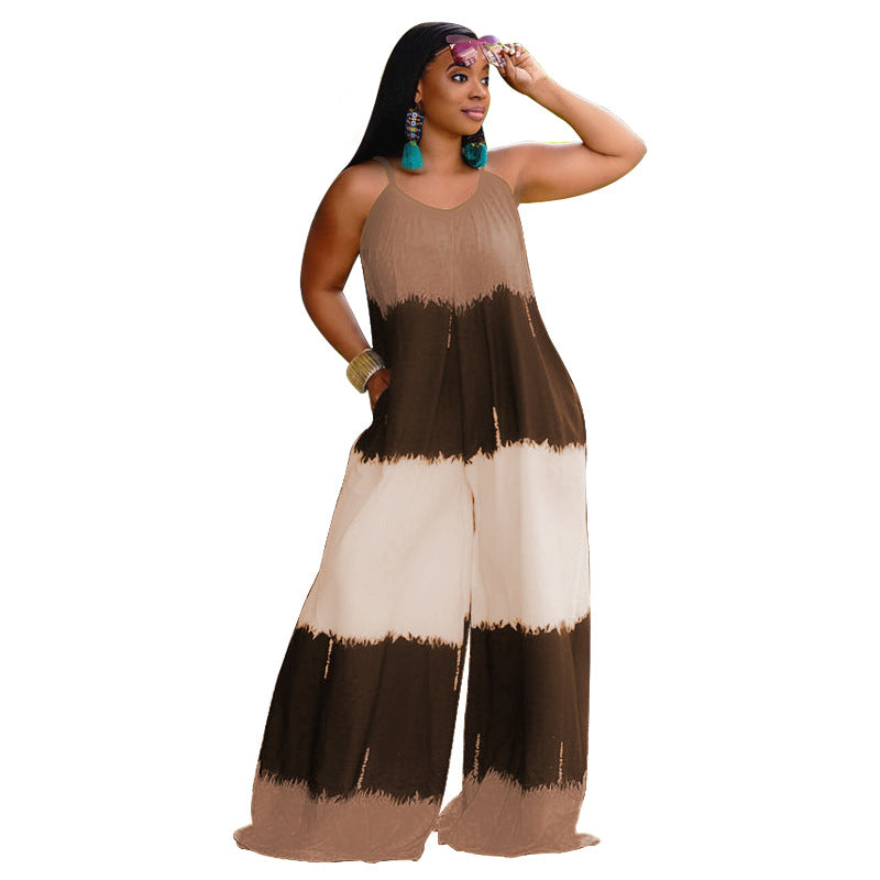 Plus Size New Patchwork Printed Suspenders Fashion Casual Long Women Clothes Jumpsuit